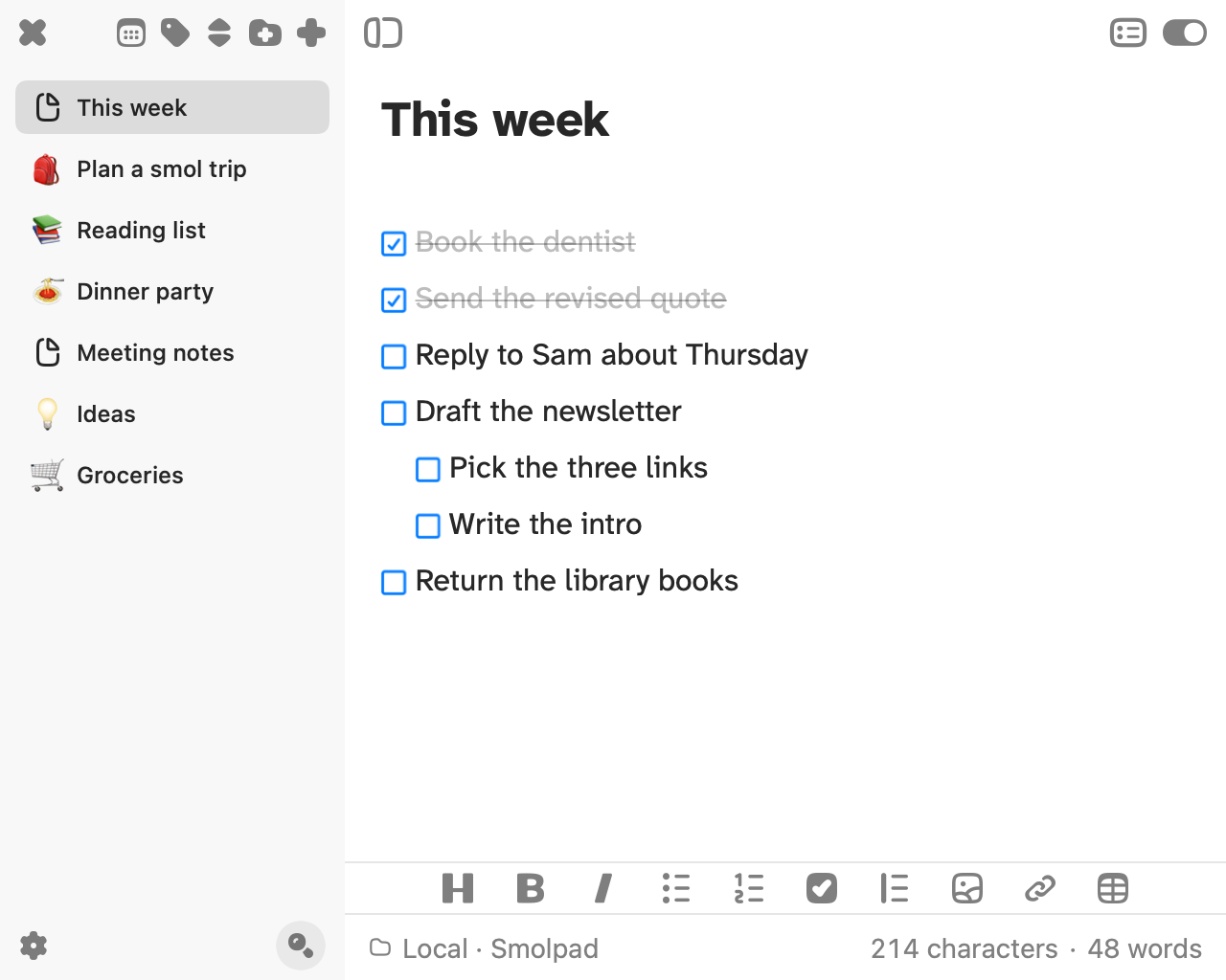 Smolpad on the Mac with a note called This week selected. Book the dentist and Send the revised quote are ticked and struck through. Reply to Sam about Thursday, Draft the newsletter with two steps nested under it, and Return the library books are open. The sidebar lists six other notes.