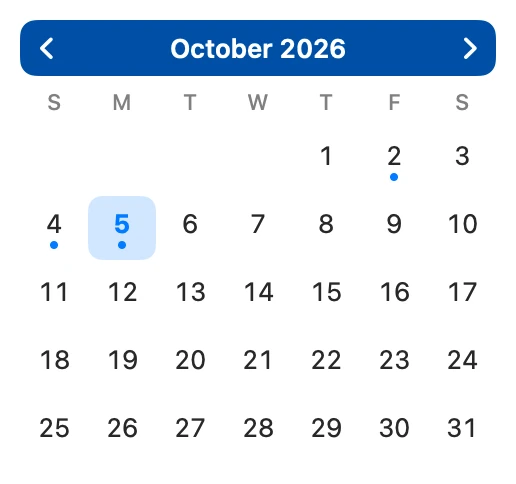 Le calendrier des notes du jour pour octobre, avec un point sous chaque jour qui a une note