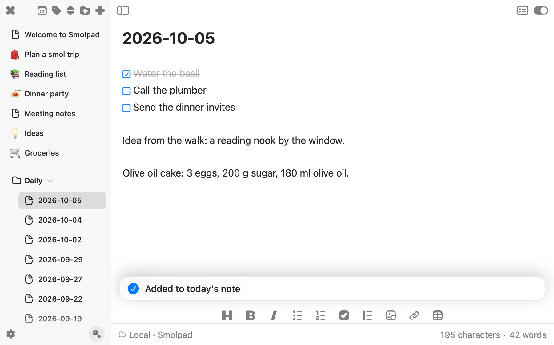 Smolpad sur le Mac, la note du jour ouverte, le dossier Daily dans la liste et une ligne tout juste ajoutée depuis une autre app