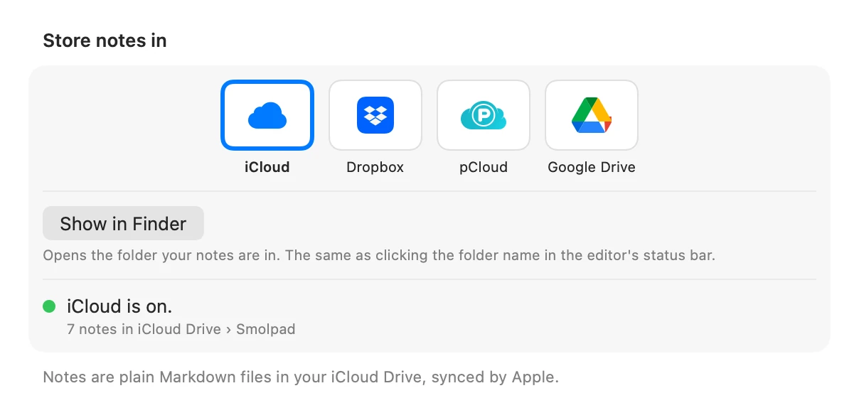 Les réglages Stockage de Smolpad, qui proposent iCloud, Dropbox, pCloud et Google Drive, avec iCloud activé