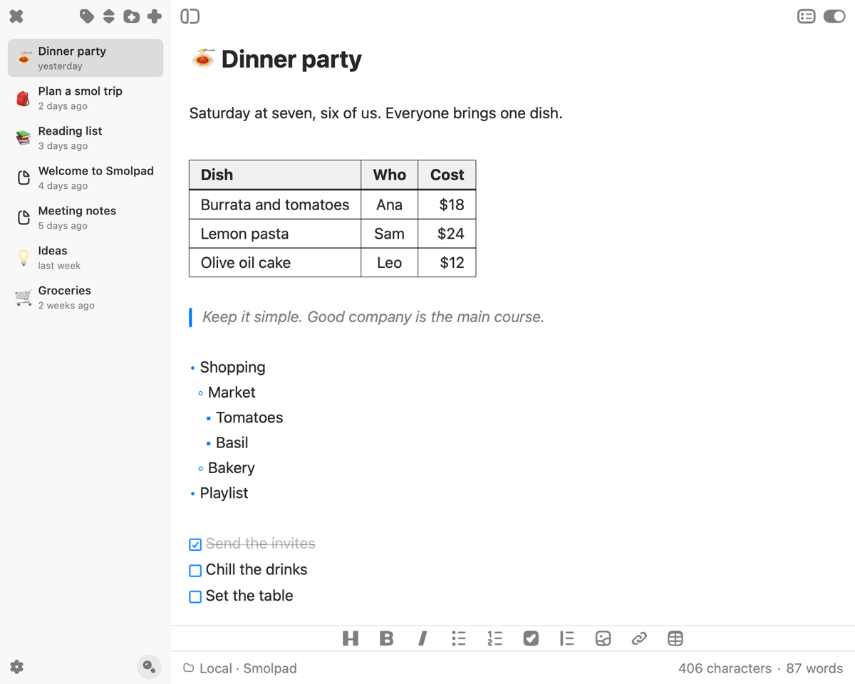 A note called Dinner party open in Smolpad on the Mac: a three-column table of dishes, a quote with a blue bar beside it, a nested bulleted list, and a checklist with one item checked off.