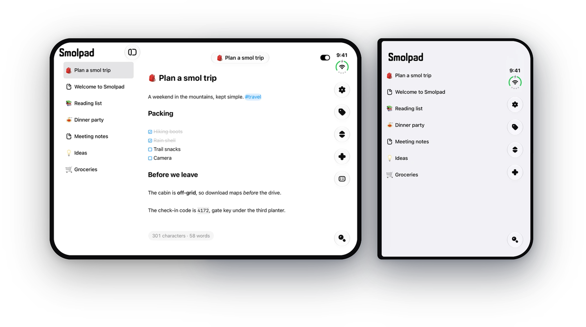 Smolpad on two iPhone Duos. One is open like a book: the note list down the left, a checklist note beside it, and a column of round buttons down the right edge. The other is folded, with the note list on its cover screen.