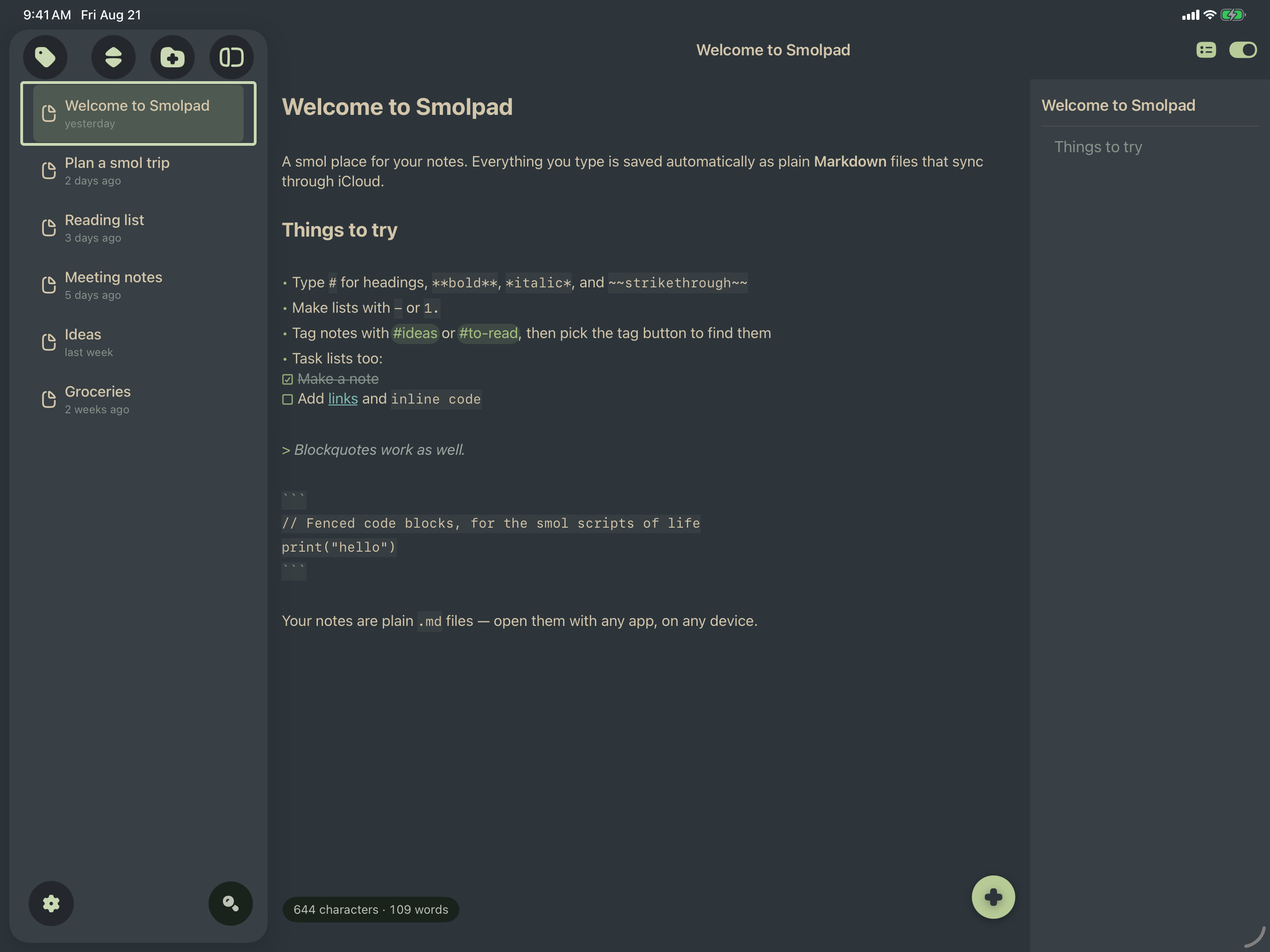 Smolpad on iPad in the Everforest Dark theme.