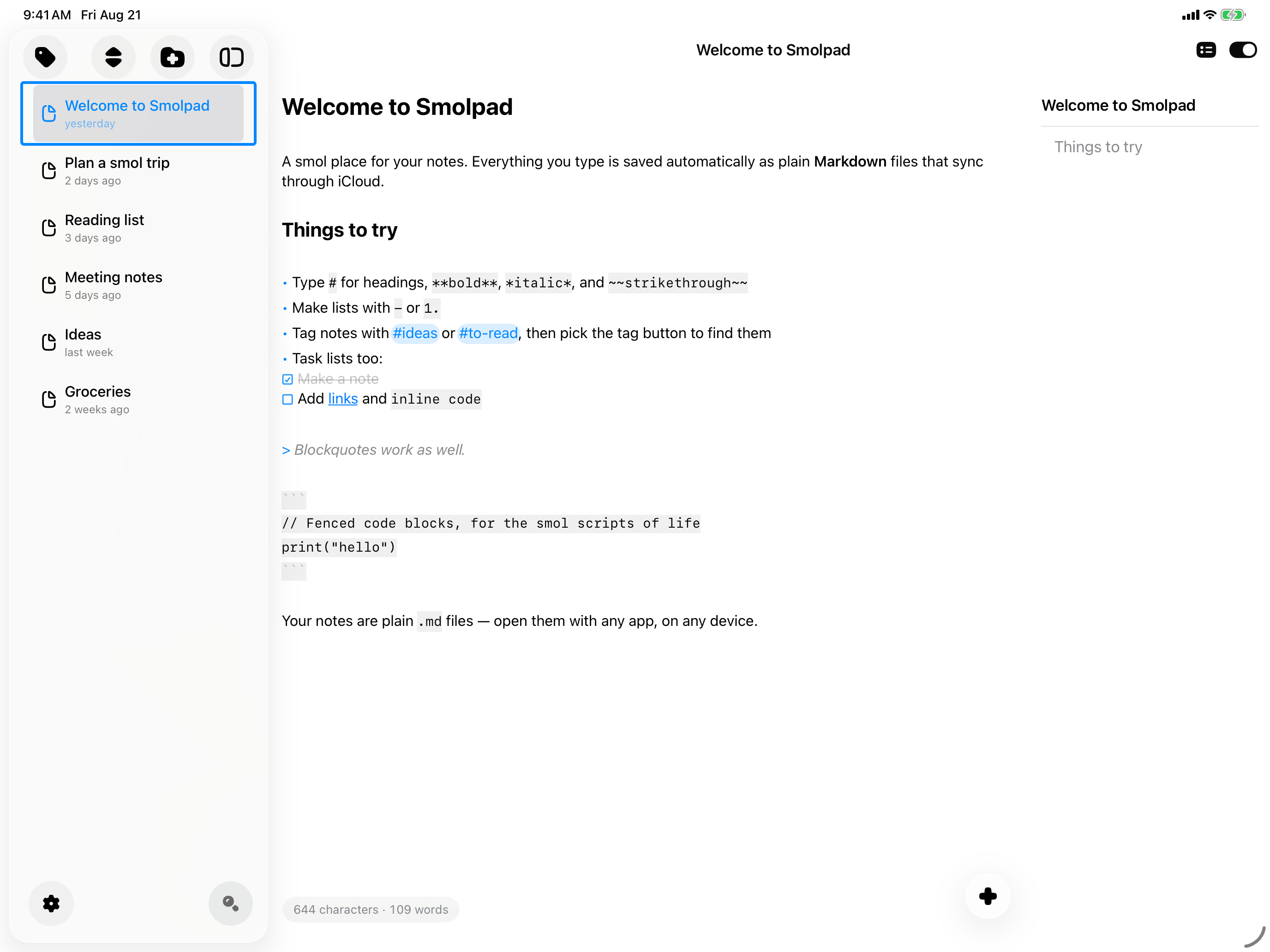 Smolpad on iPad in a light theme, with the note list, the editor, and the outline column.