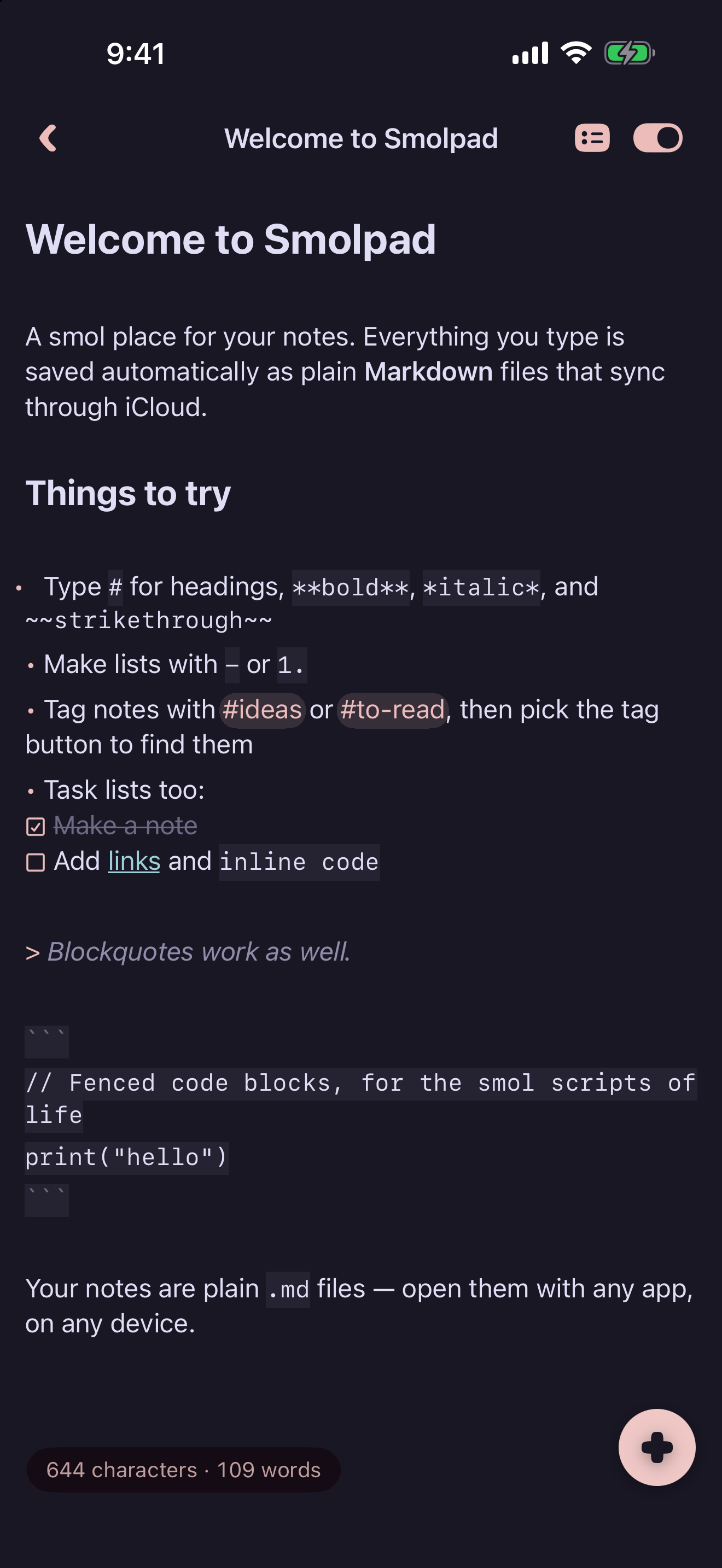 A note open in Smolpad's editor on iPhone in the Rose Pine theme.