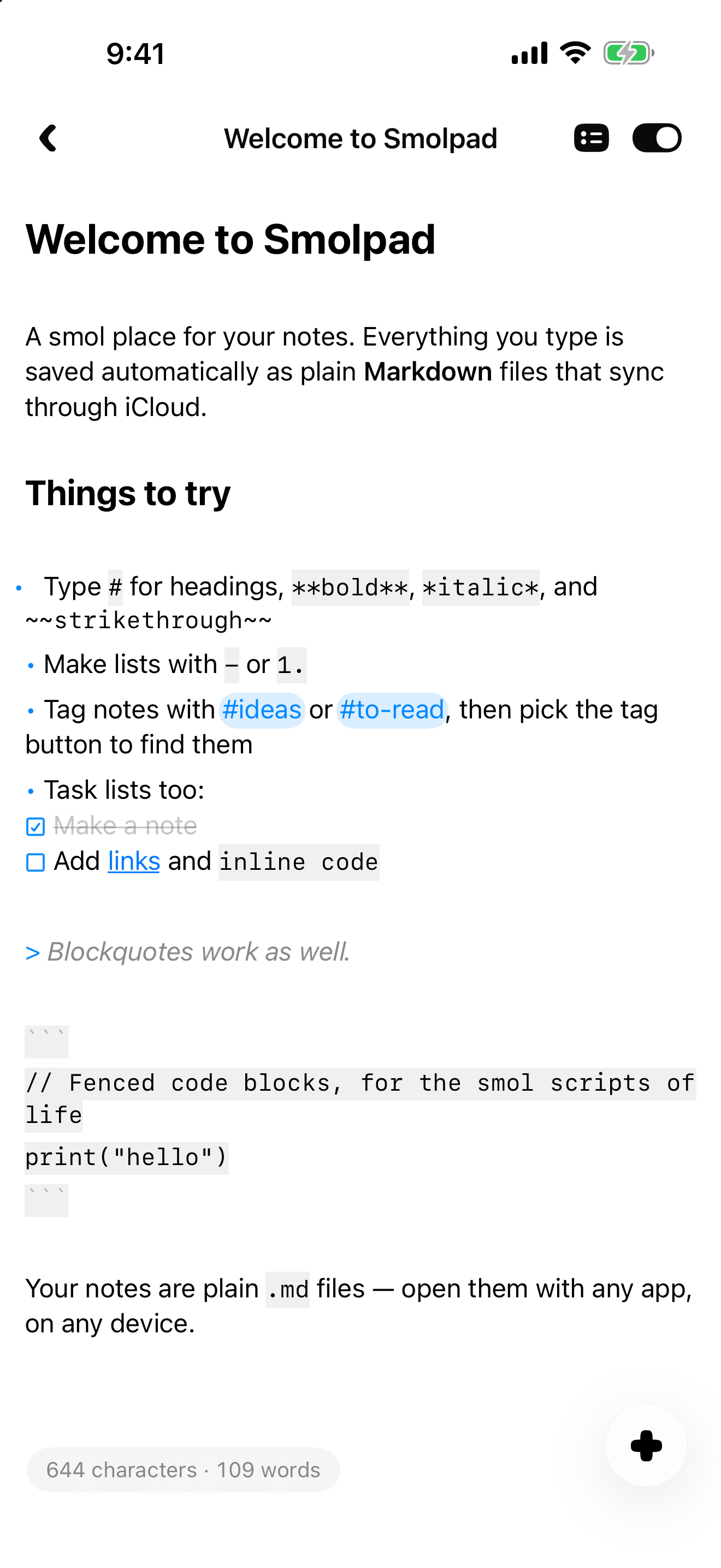 A note open in Smolpad's editor on iPhone in a light theme.