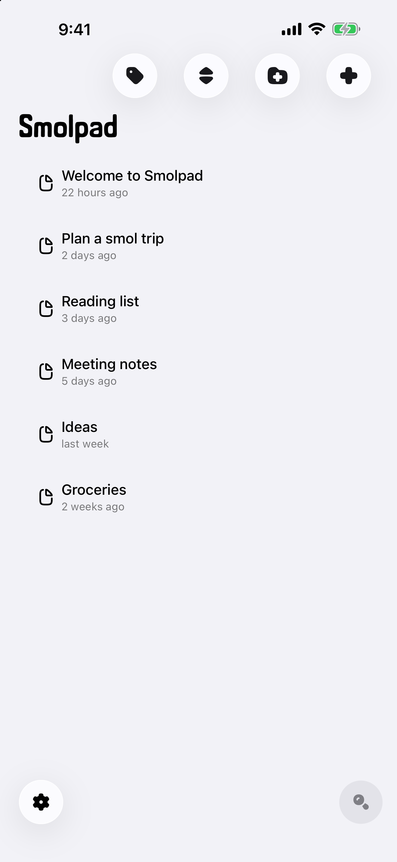 Smolpad's note list on iPhone in a light theme.