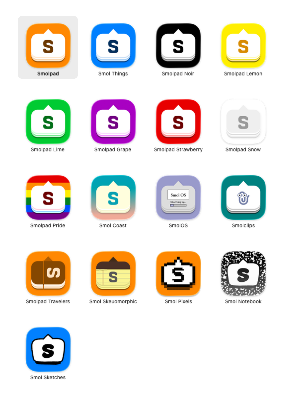 The app icon picker on macOS, showing all seventeen Smolpad icons in a grid.