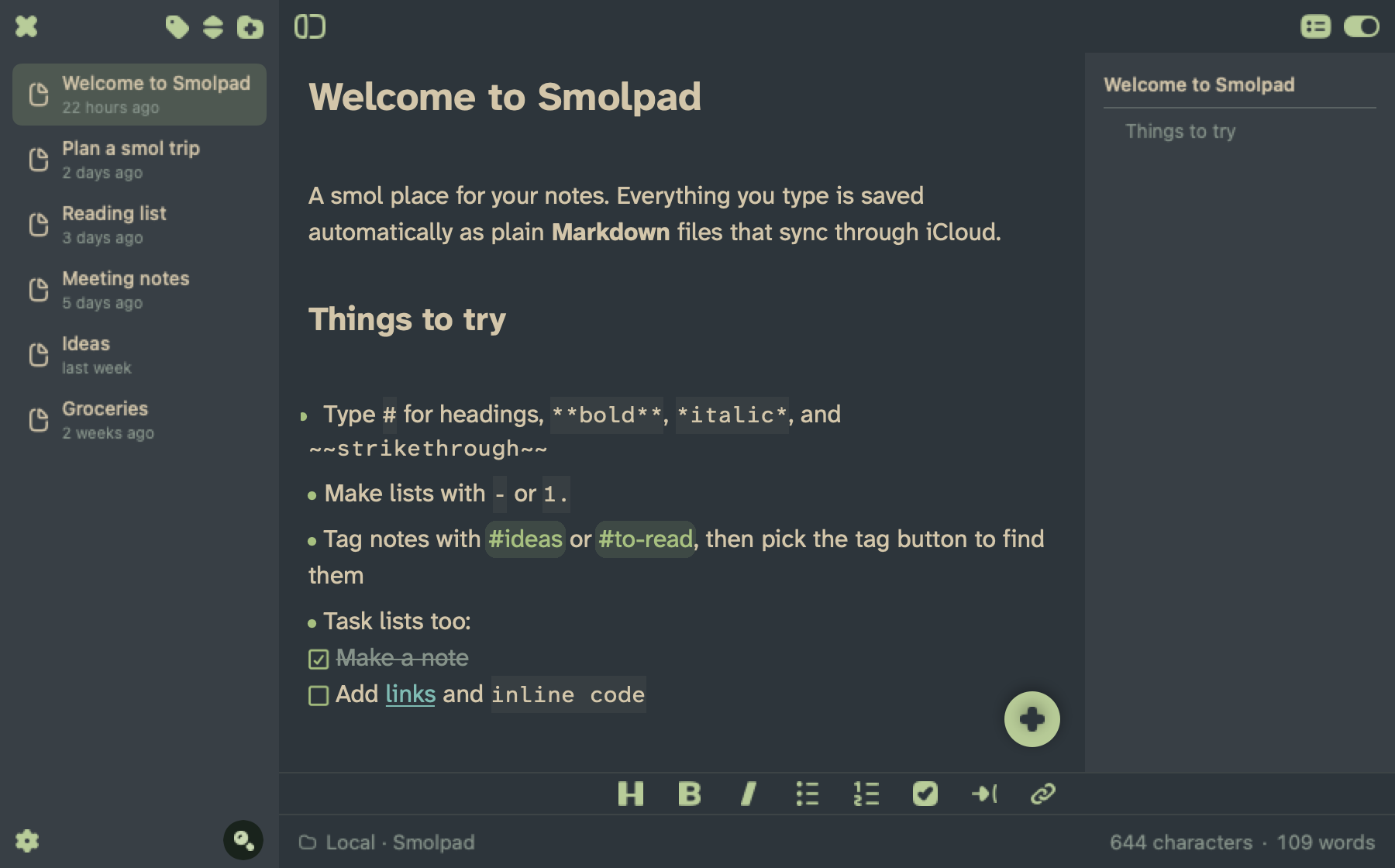 Smolpad's panel on macOS in the Everforest Dark theme.