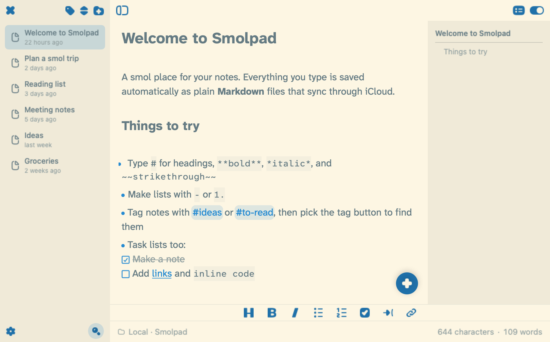 Smolpad's panel on macOS in the Solarized Light theme.
