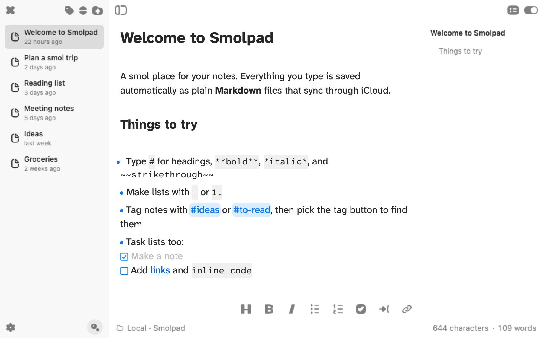 Smolpad's panel on macOS in a light theme, with a note's headings listed in a column beside the text.