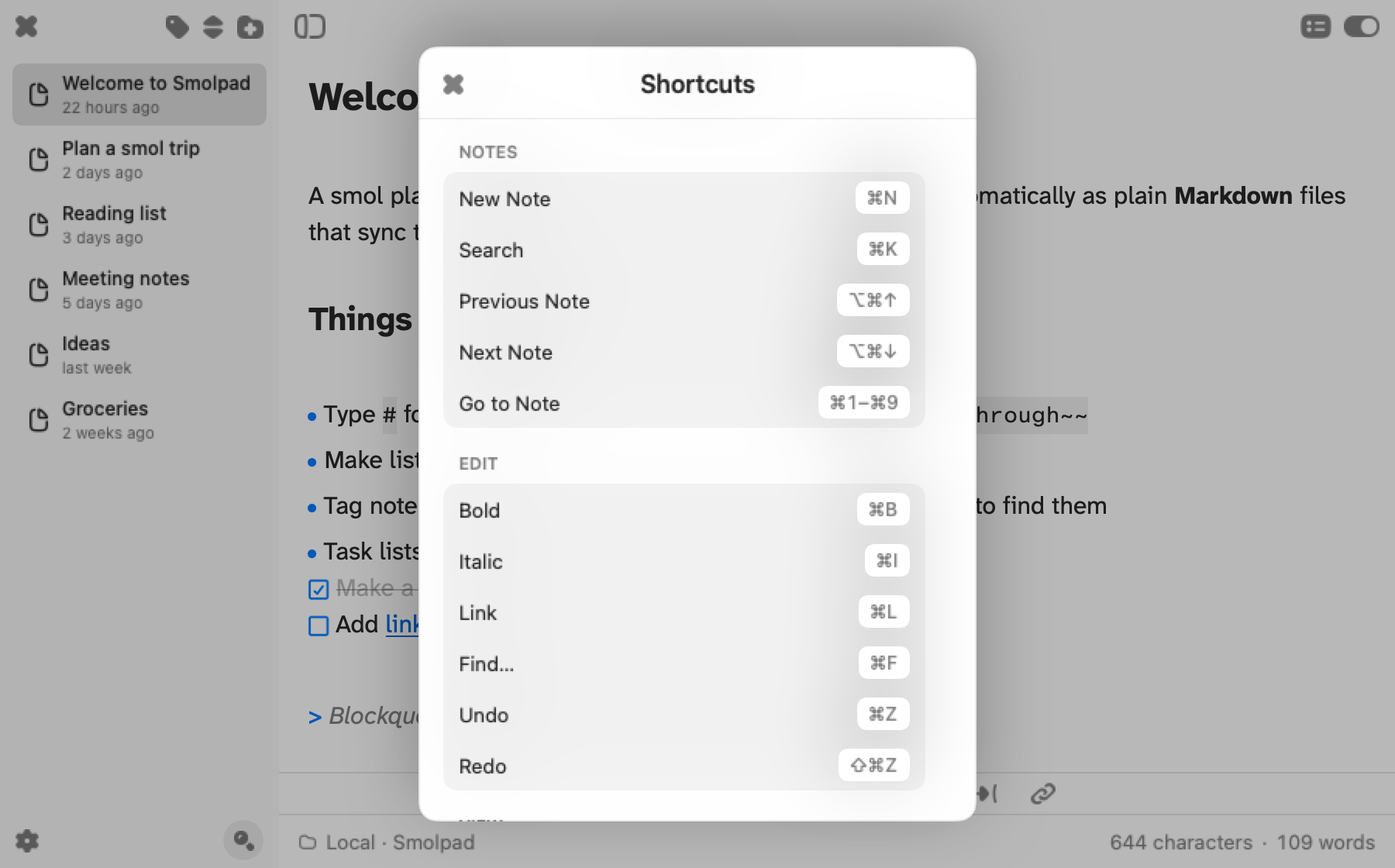 Smolpad's keyboard shortcuts card open over the note panel on macOS.